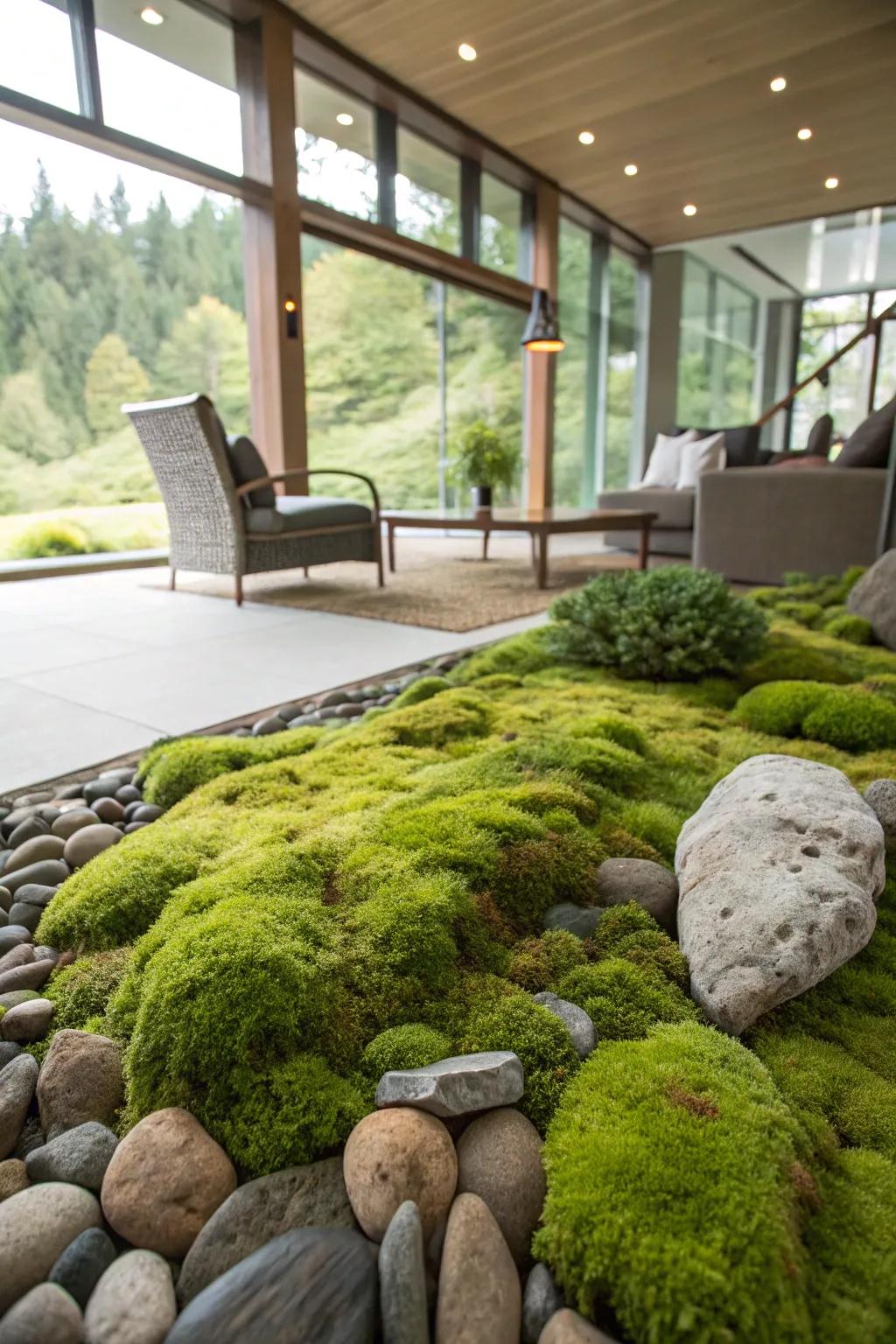 A mossy stone display offers a soft, rich look to your decor.