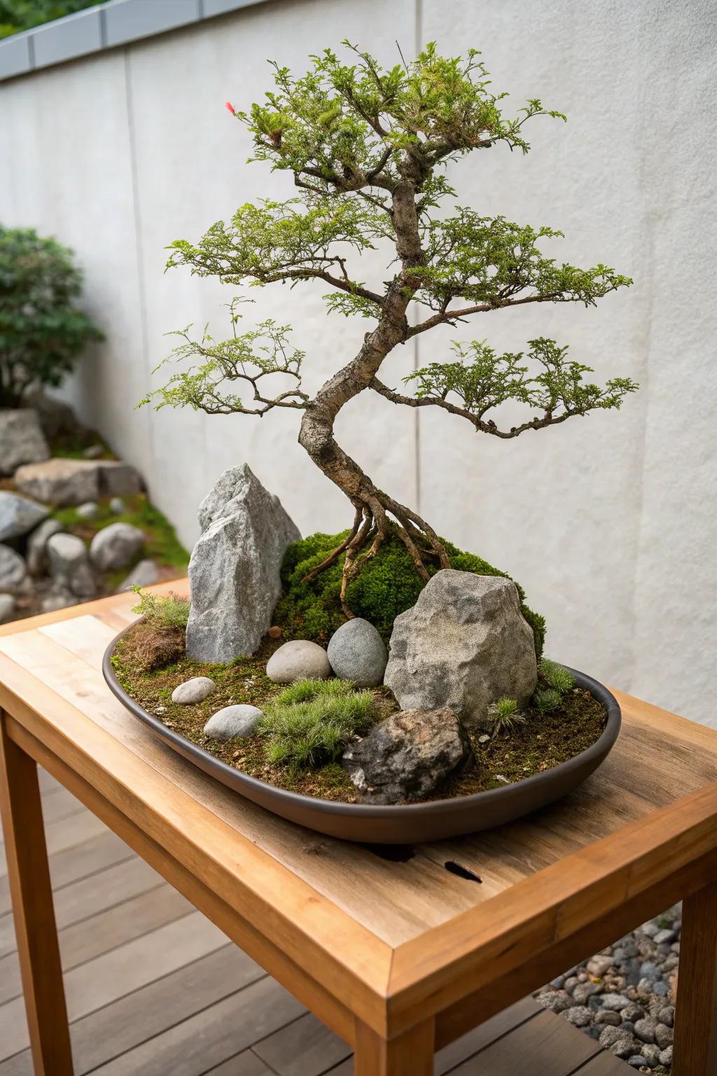 A bonsai stone display is a fascinating mix of art and nature.