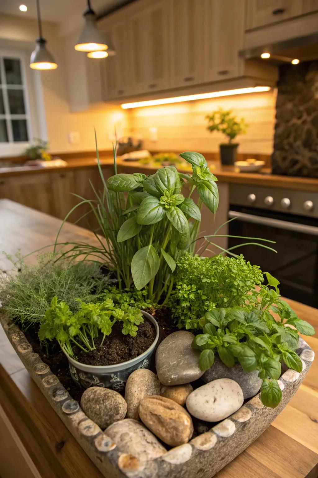 Stones and herbs create a useful, aromatic mix.