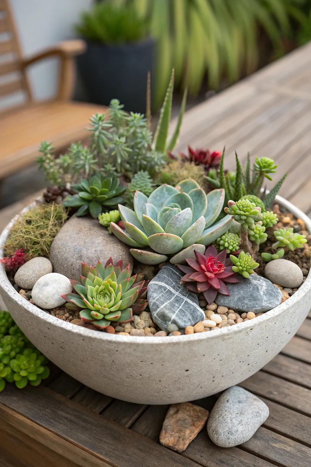 A succulent pot acts as a striking focus piece.