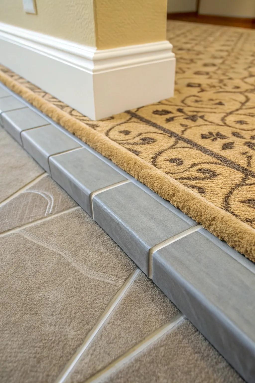 A clean, tucked-in connection between carpet and tile