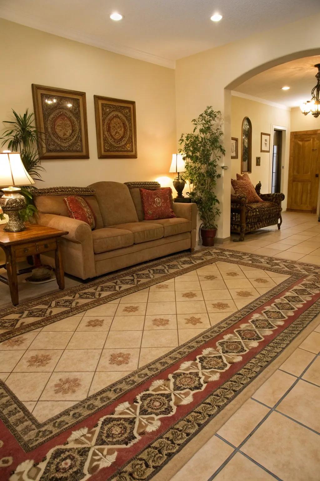 Rugged elegance bridging carpet and tile