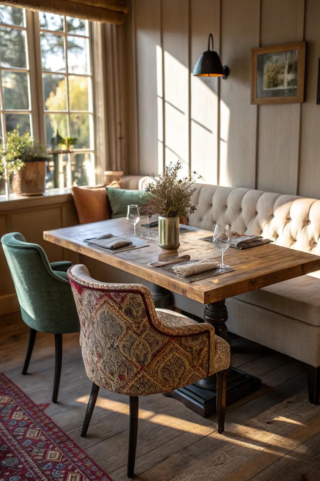 Mix and match seating for a one-of-a-kind dining ambiance.