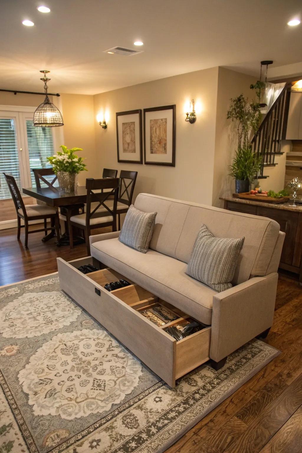 Maintain tidiness with clever hidden storage solutions.