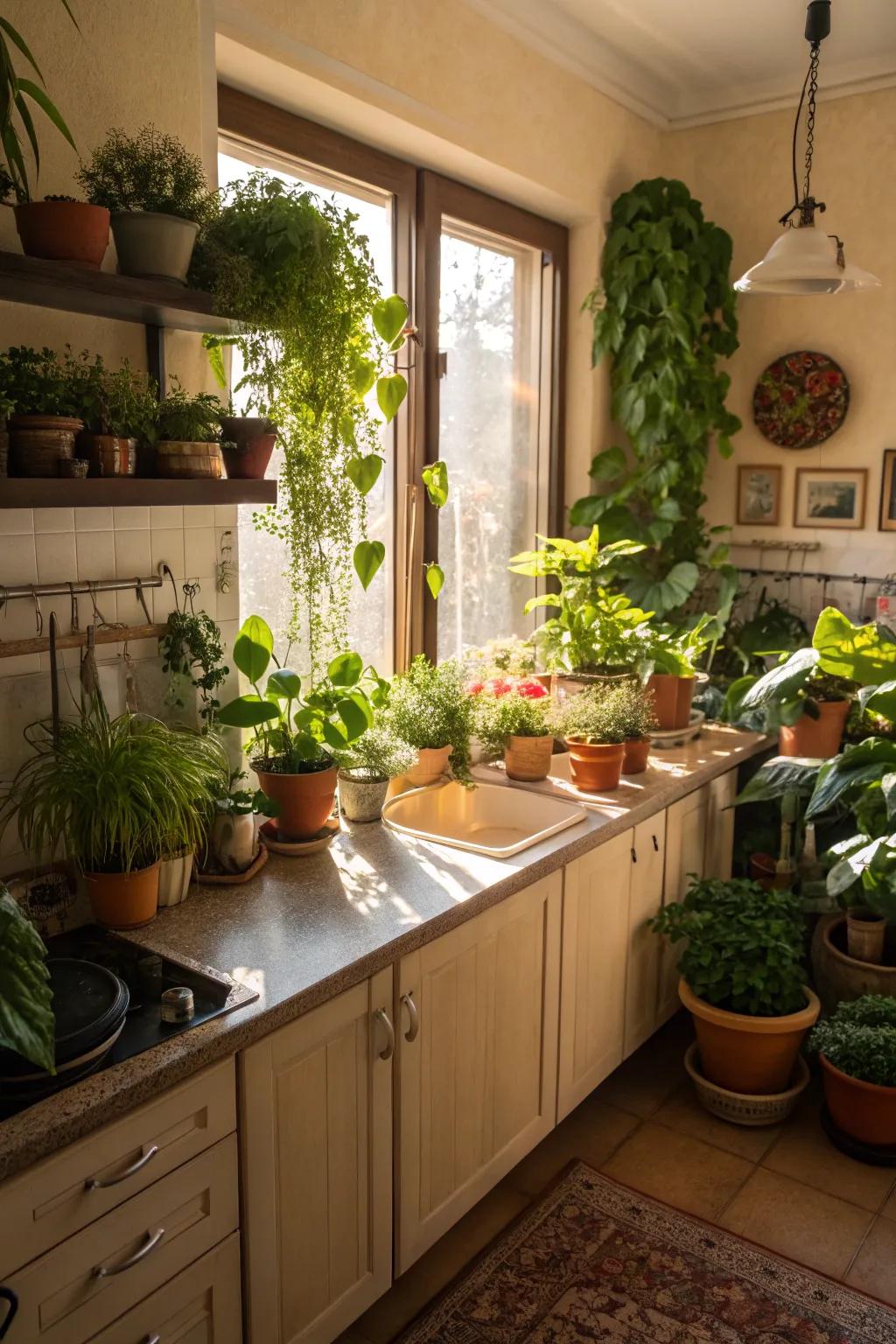 Incorporate plants for a fresh, lively kitchen environment.