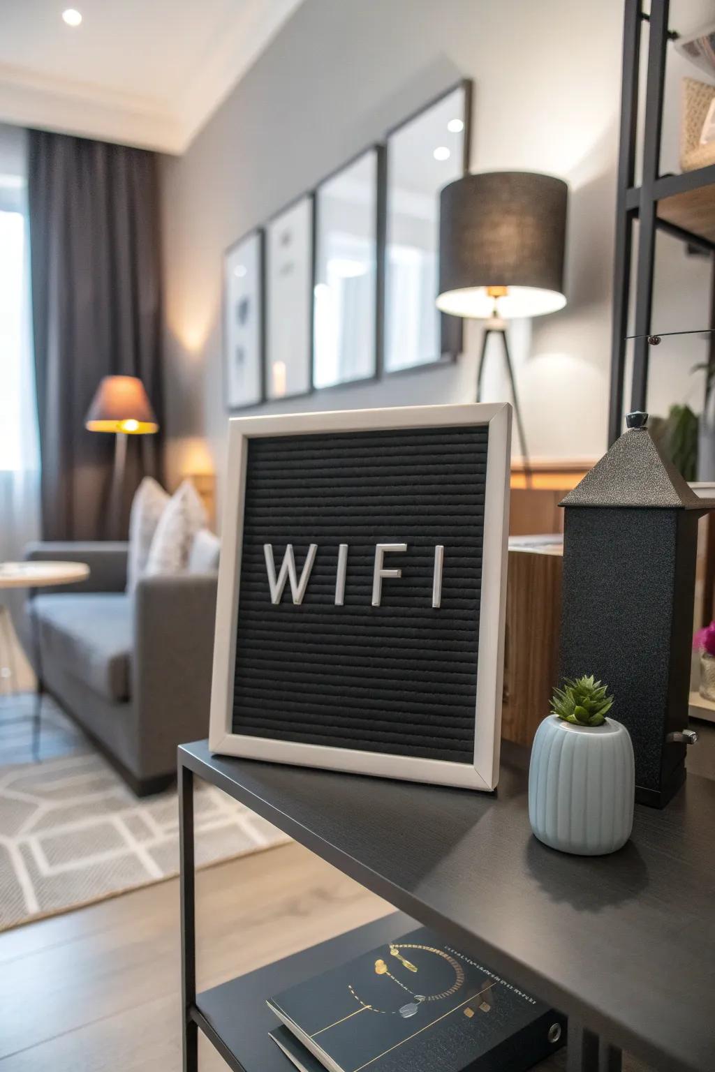 A letterboard exhibits WiFi details with a modern touch.