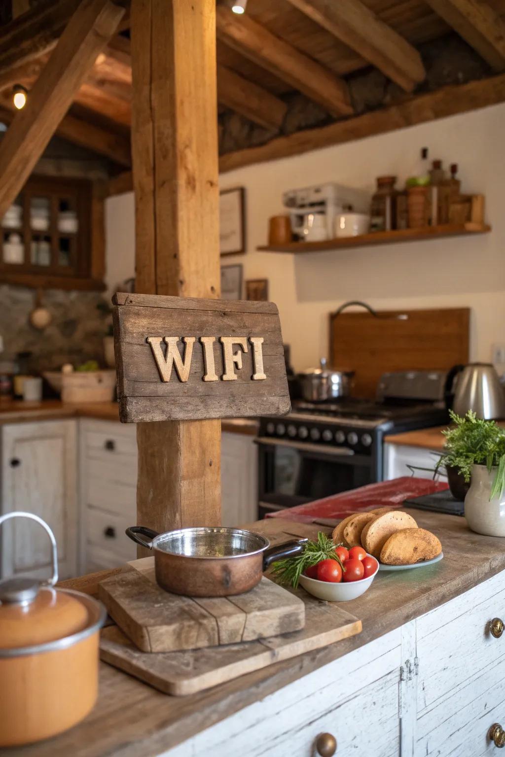 A rustic wood sign bringing a farmhouse touch to the kitchen decor.