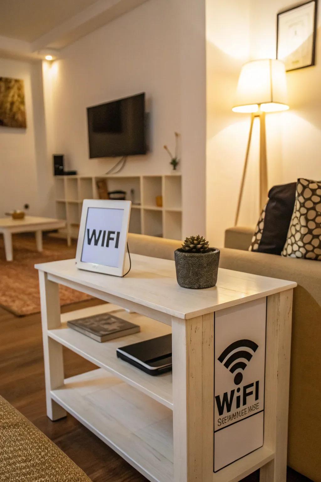 A minimalist WiFi sign integrates seamlessly into a modern living area.