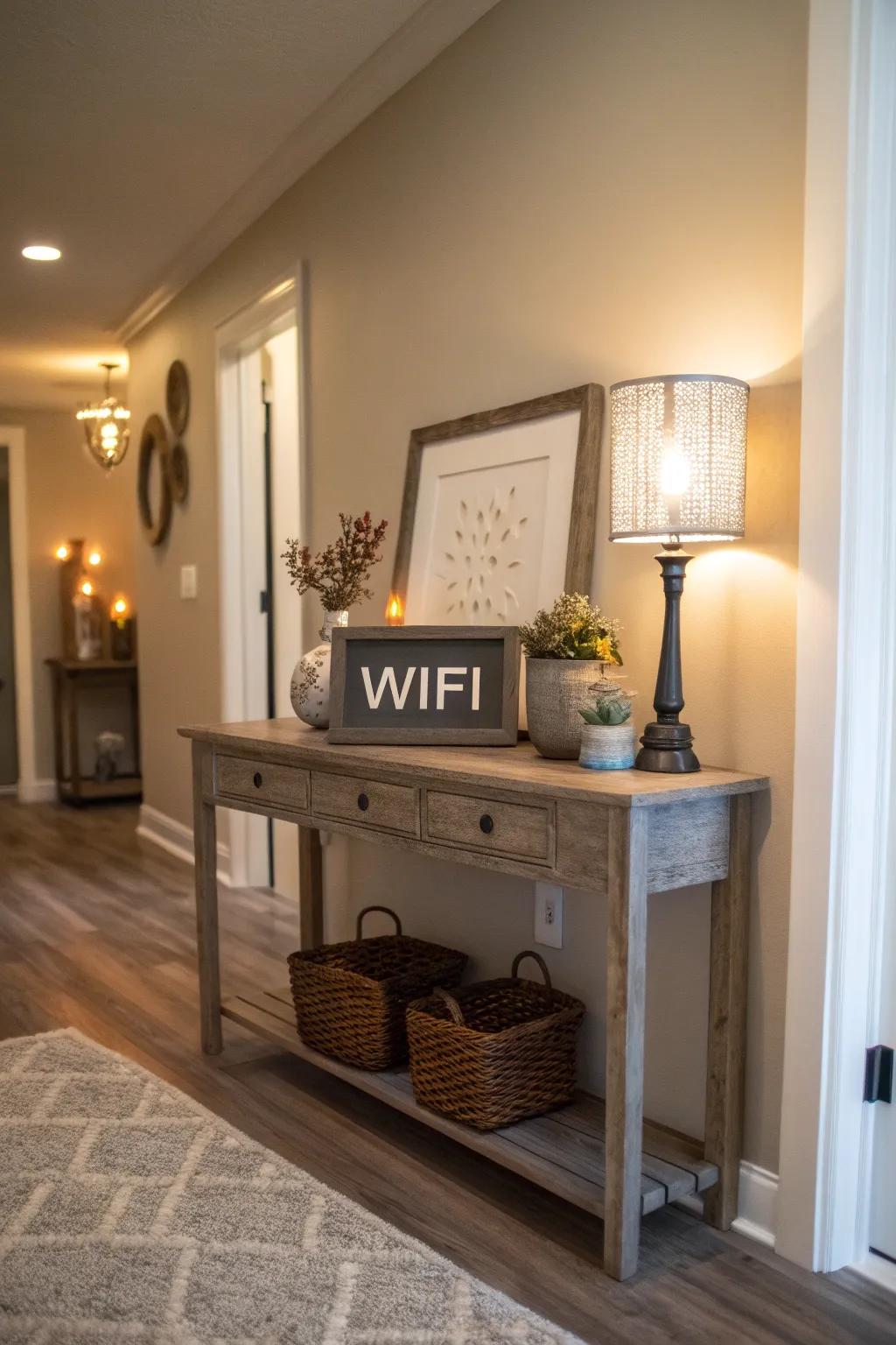 A WiFi sign paired with a warm welcome message in an inviting entryway.