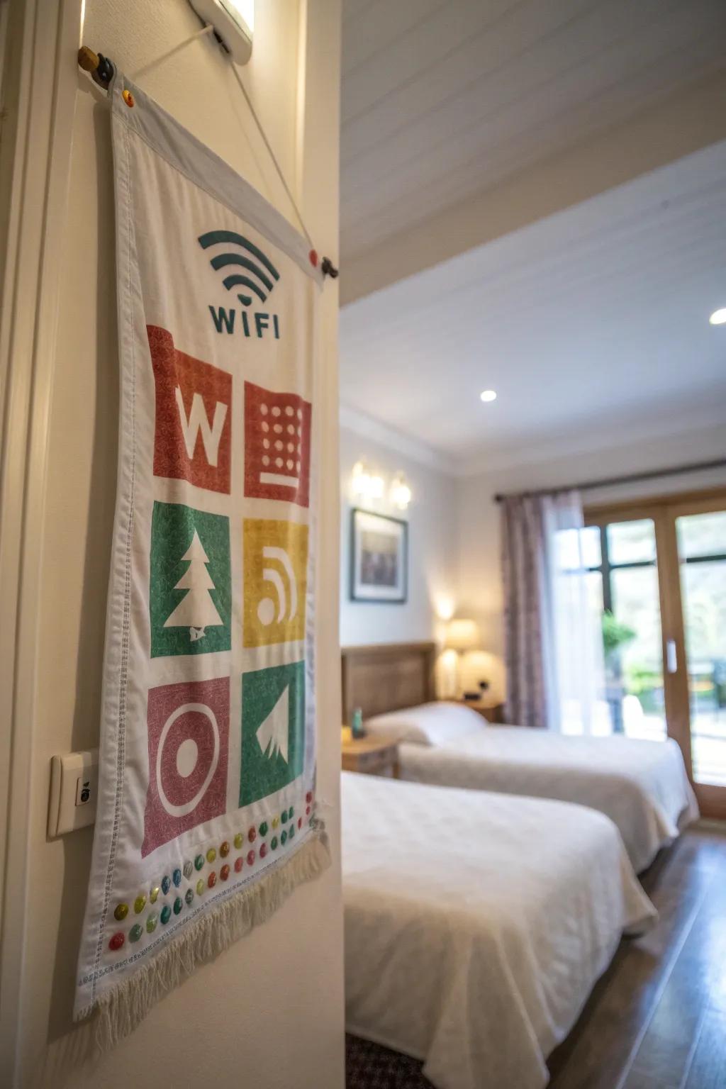 A fabric banner softly presenting WiFi details in a welcoming guest room.