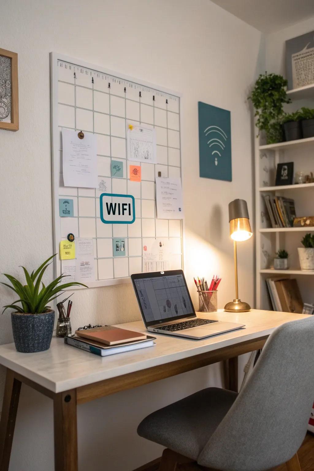 A magnetic board providing a versatile display for WiFi details in a functional workspace.