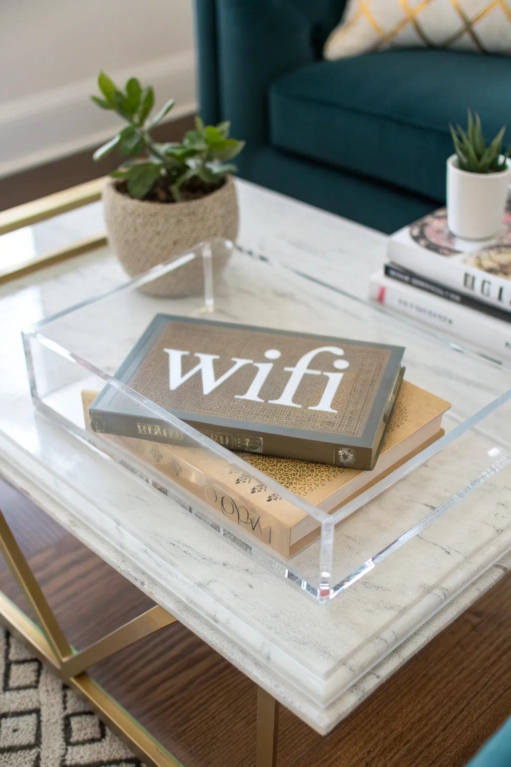 An acrylic tray showcases WiFi details in a chic and functional manner.