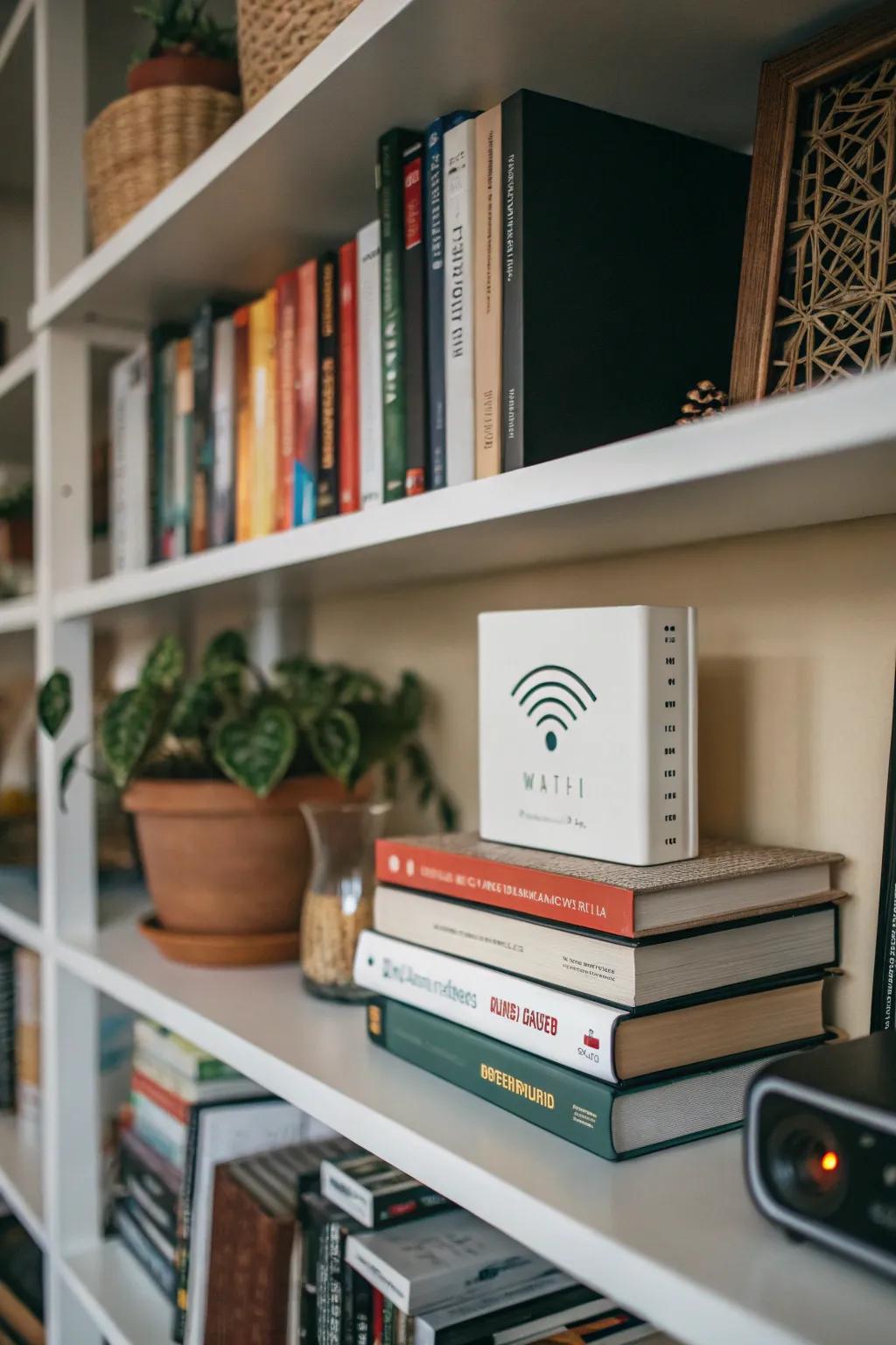 A stack of books cleverly concealing a WiFi sign in a cozy reading nook.