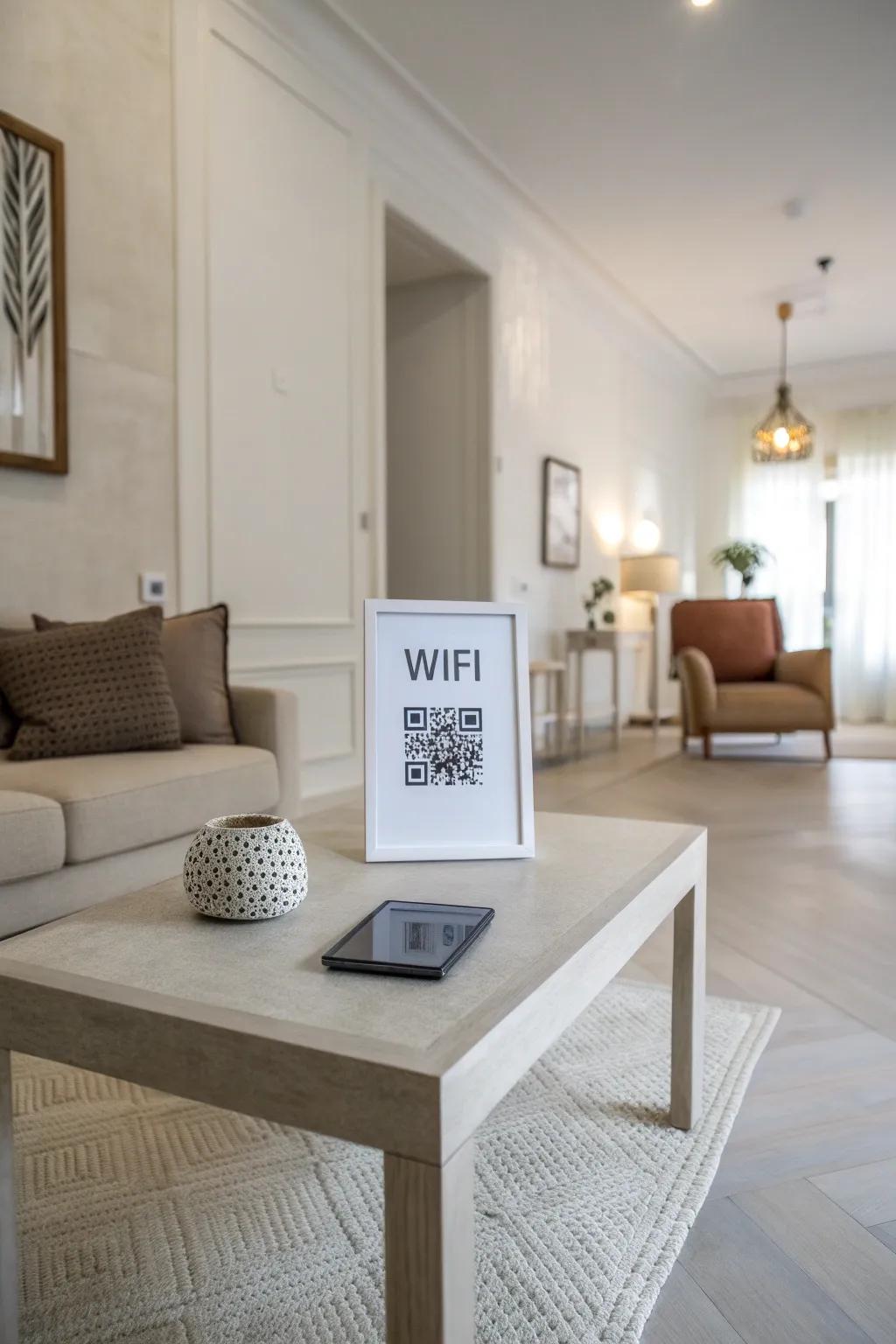 A QR code WiFi sign offers modern ease in a stylish setting.