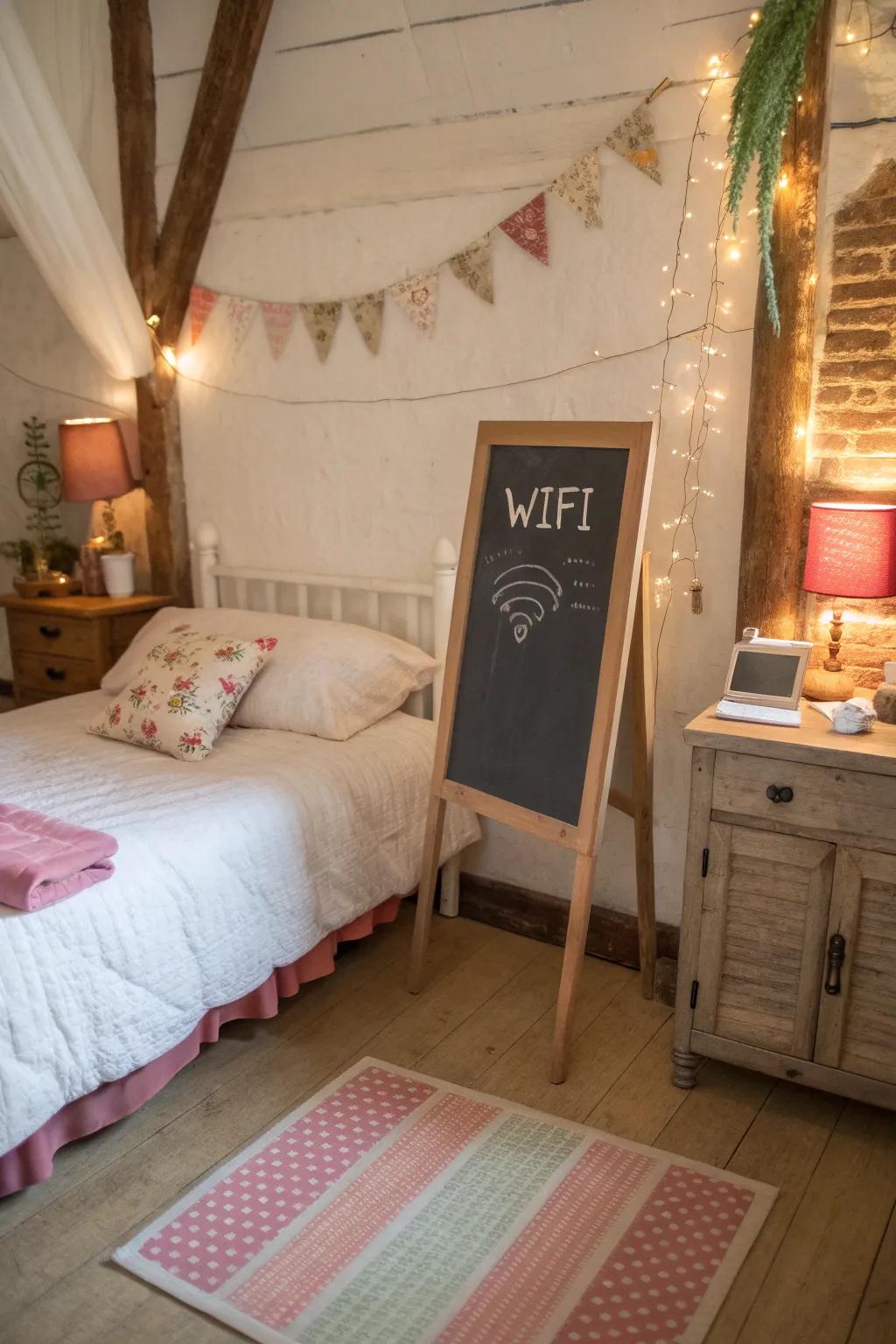 A chalkboard stand displays the WiFi password creatively in a cozy home setting.