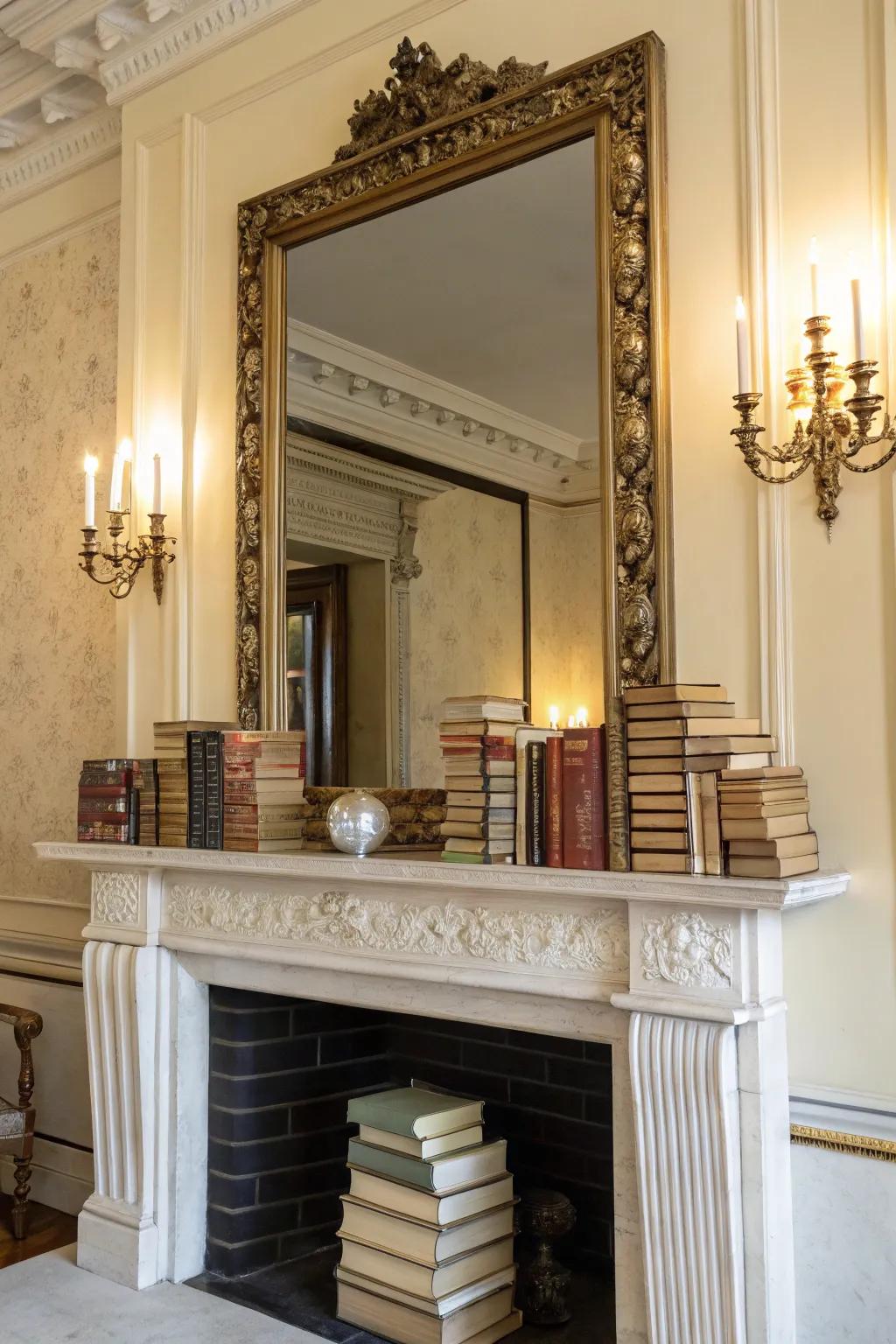 A reflective surface amplifies the space above a literature-adorned mantel.