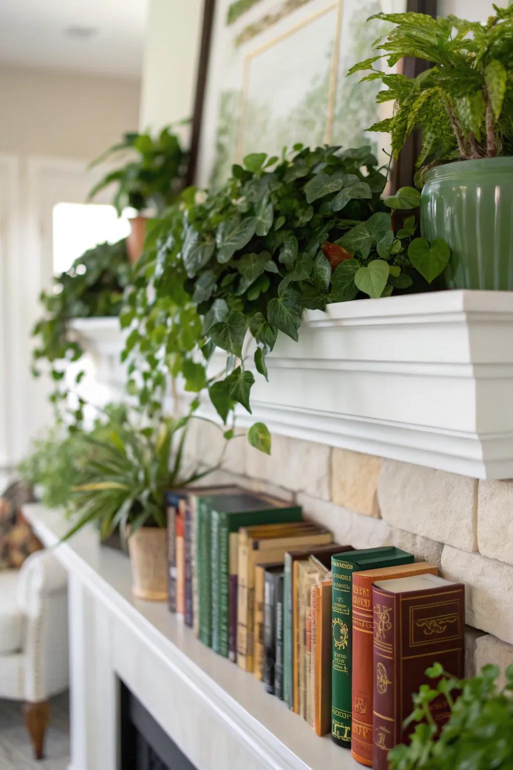 Verdant elements revitalize a literature-centered mantel.