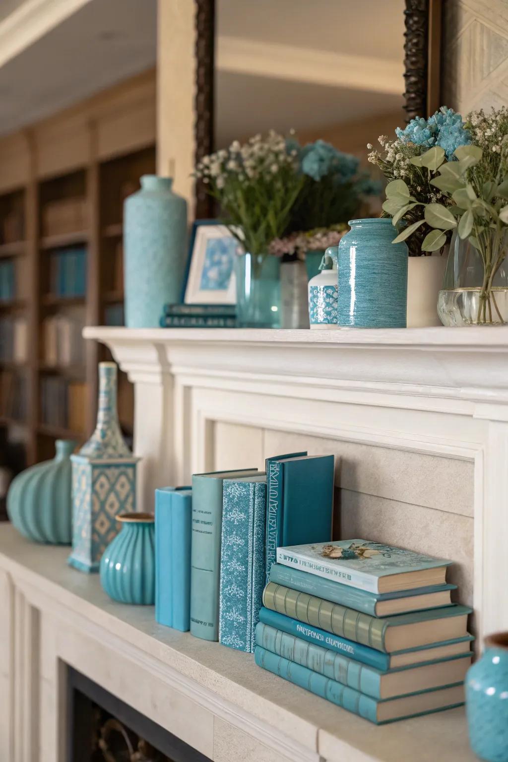Color coordination establishes a balanced mantel appearance.