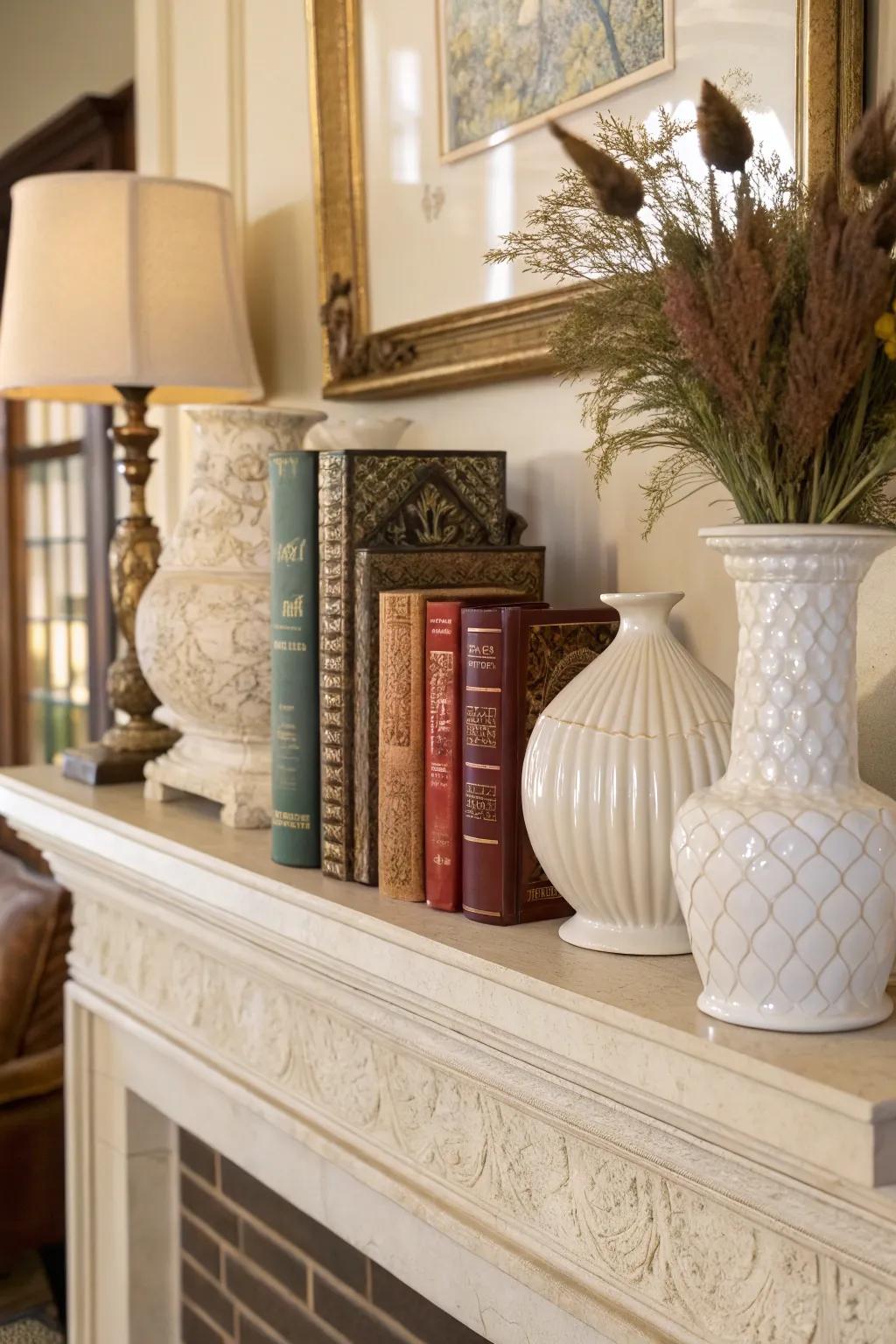 A combination of surfaces builds dimension in the mantel display.