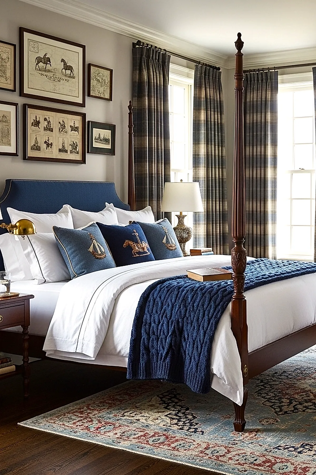 four-poster bed with navy upholstered headboard, white bedding, navy blue cable knit throw blanket, embroidered pillows featuring ship and horse motifs, plaid curtains, gallery wall of vintage sketches on light gray wall