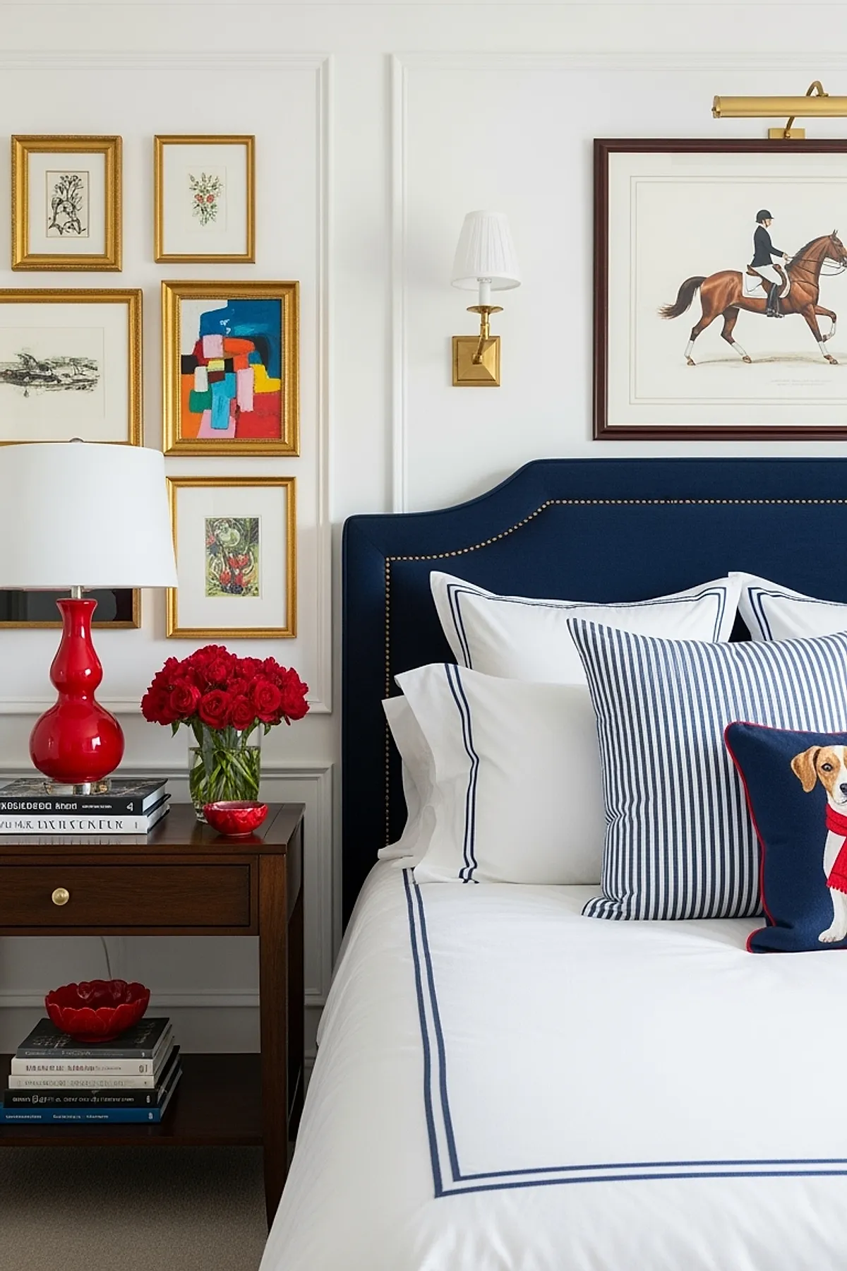 bedroom with navy upholstered headboard featuring brass nailhead trim, white bedding with navy stripes, striped and dog-themed pillows, wooden nightstand holding red glass lamp and vase of red roses, wall decorated with multiple gold-framed artworks including equestrian print