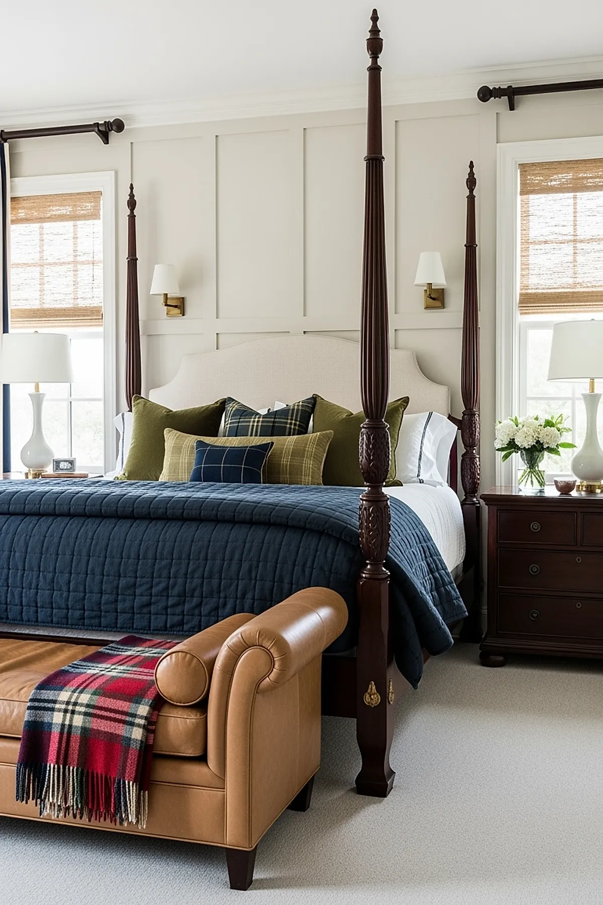 bedroom featuring dark wood four-poster bed with beige upholstered headboard, layered plaid pillows in green and navy, navy quilted bedding, caramel leather bench with rolled arms at foot of bed, woven window shades on either side