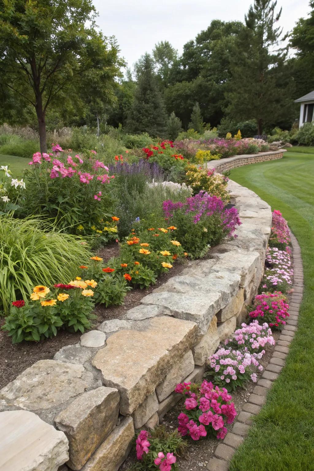 Stone borders providing a clean edge to a colorful garden bed.