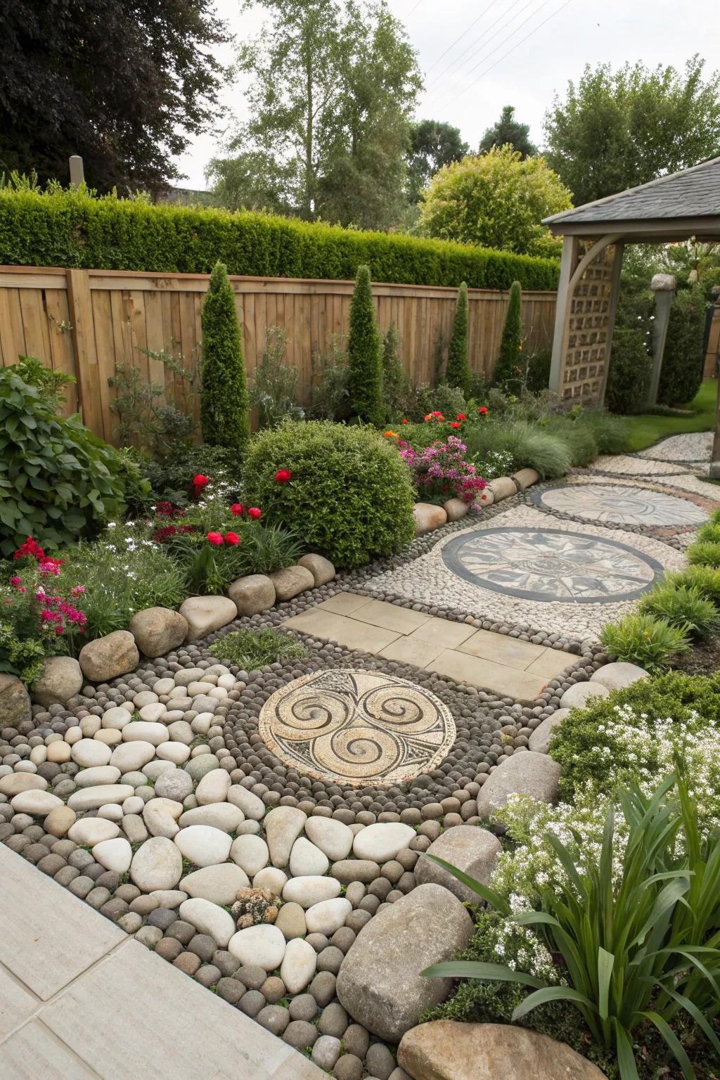 Decorative stone accents creating eye-catching patterns in a garden.