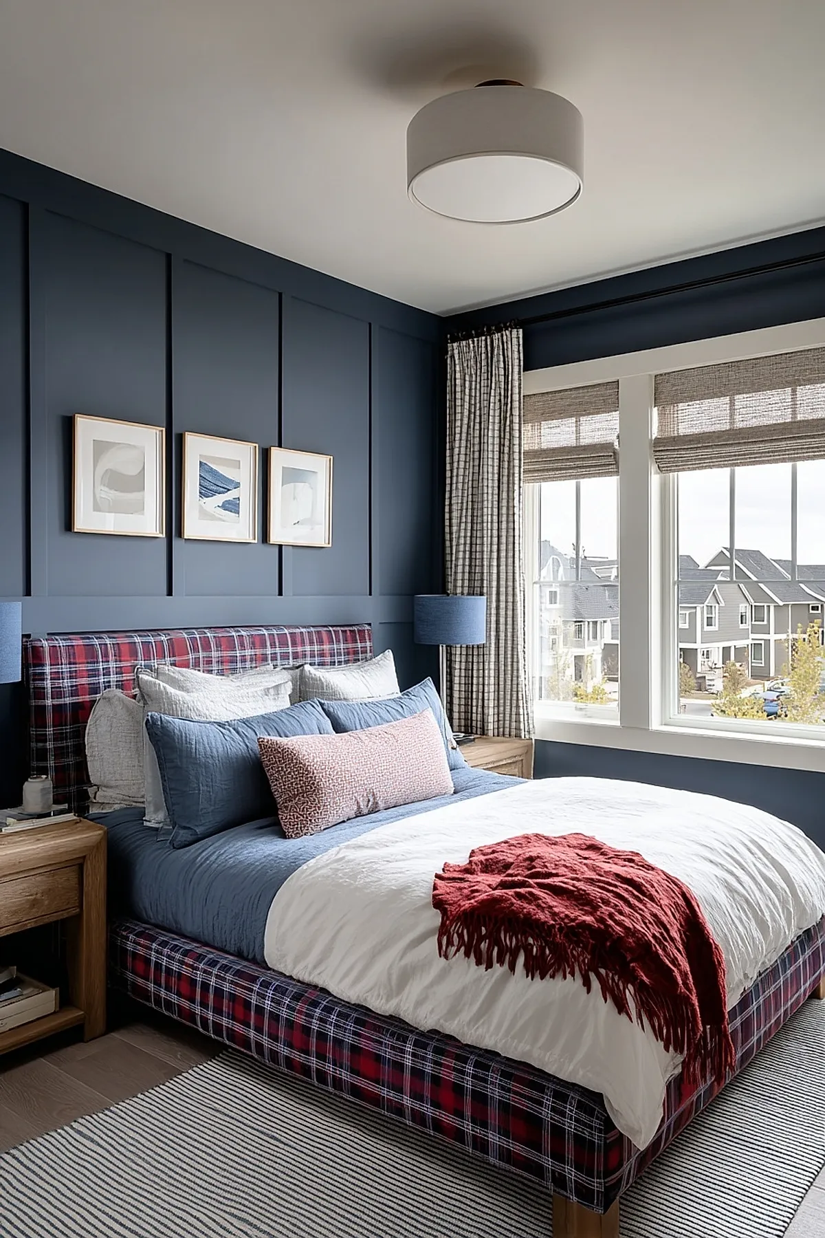 bedroom with navy paneled walls, plaid upholstered bed frame, layered blue and white bedding, red fringed throw at foot of bed, wooden nightstands with blue lamps