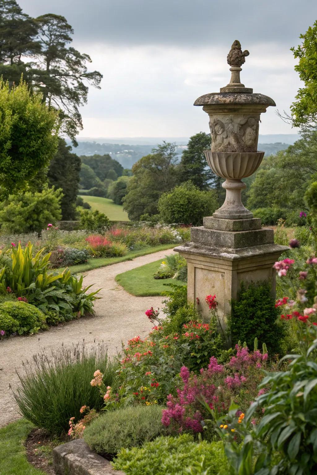 Stone sculptures adding elegance and personality to a garden.