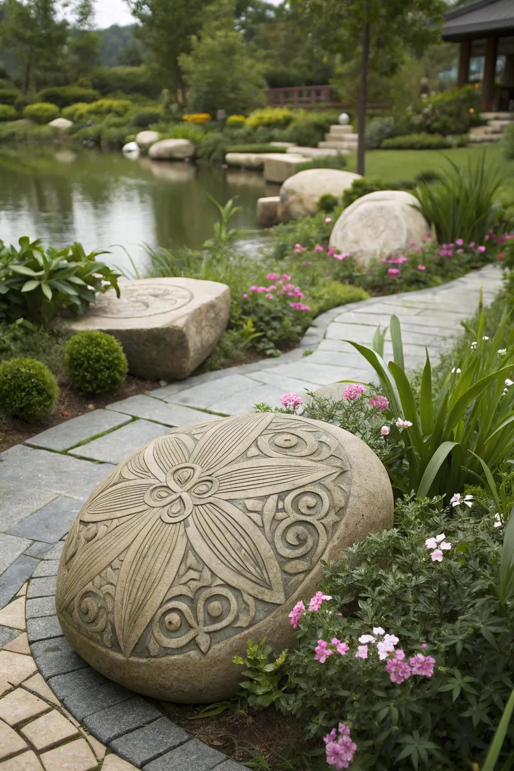 Custom stone carvings providing a unique personal touch to the garden.