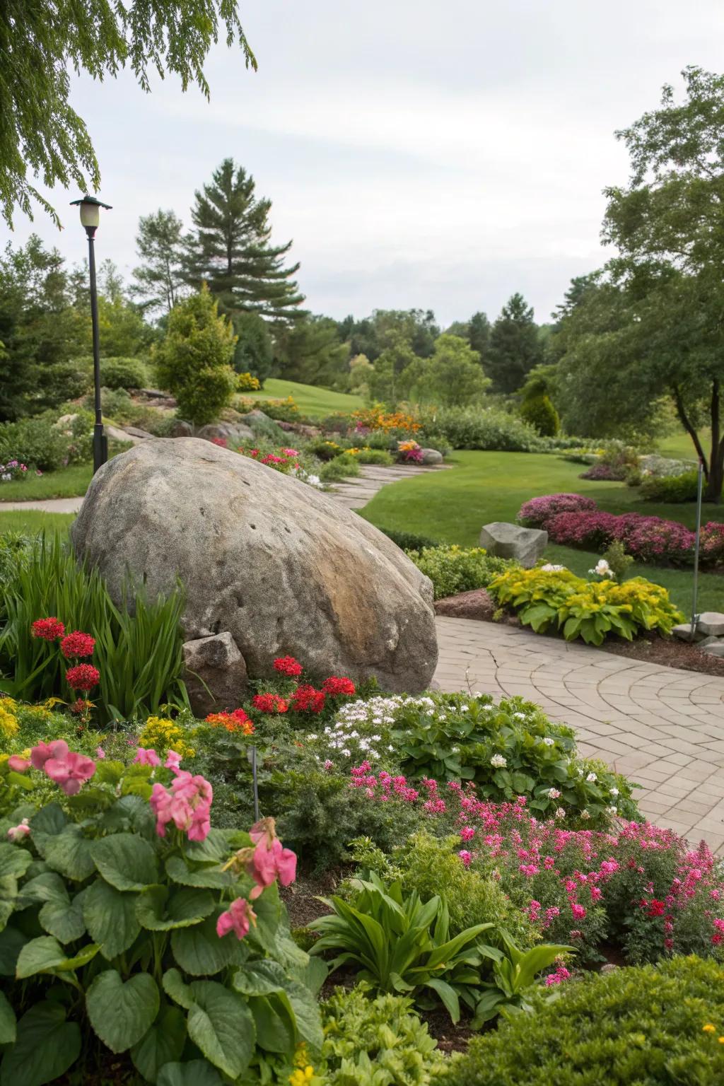 Boulders serving as striking focal points in the garden landscape.