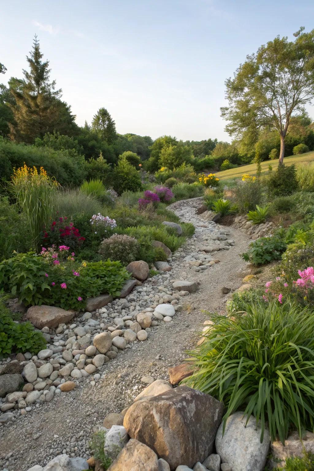 A dry creek bed providing both function and beauty in the garden.