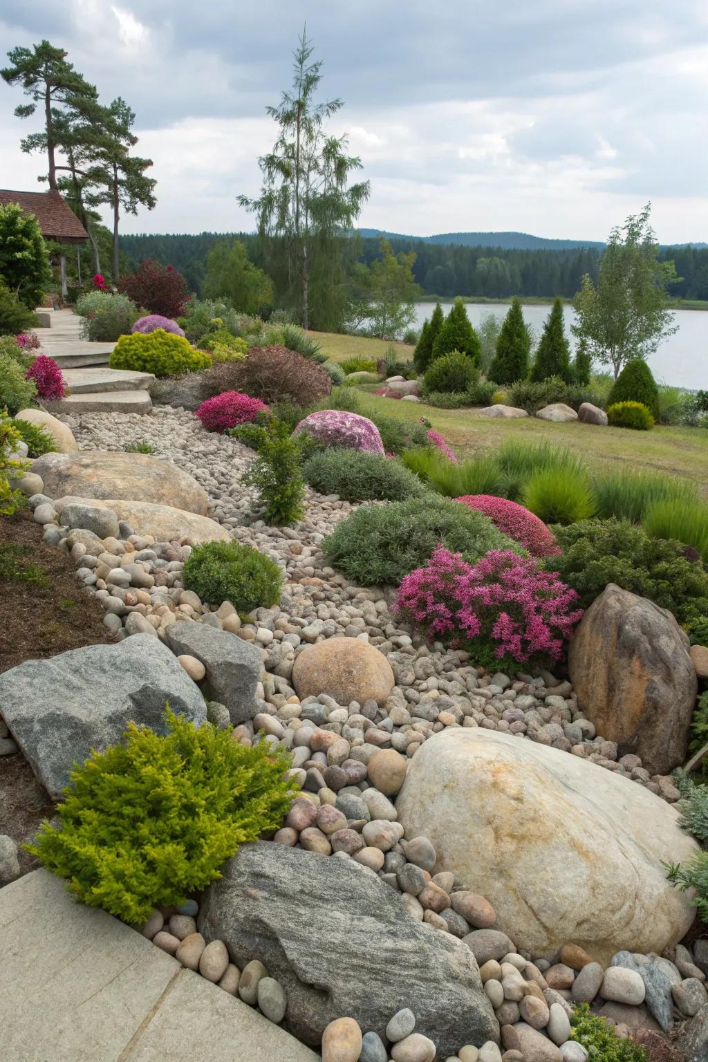 A rock garden that adds dimension and natural beauty to a flat area.