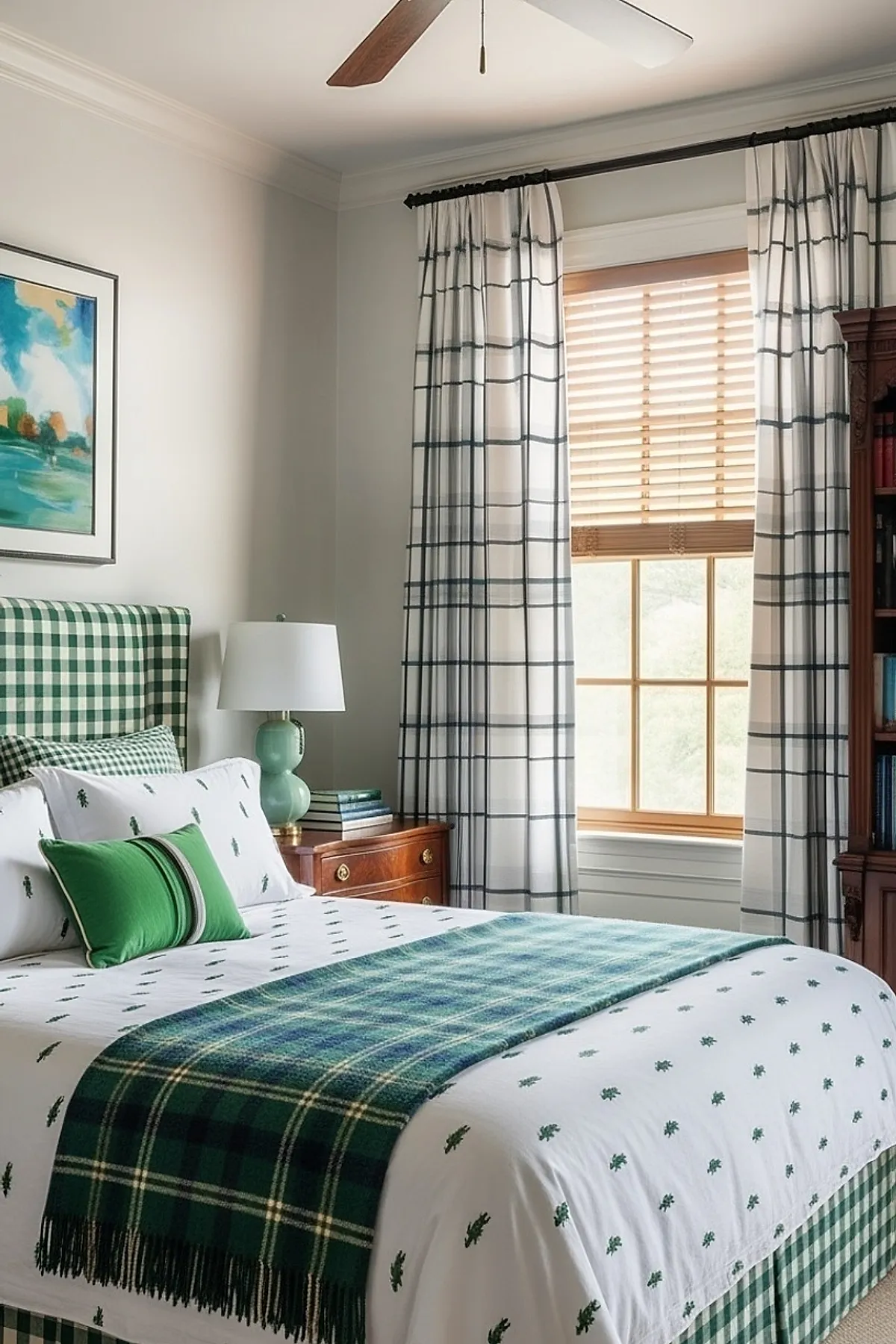 bedroom featuring green gingham upholstered headboard, white bedding with small green embroidered patterns, green plaid throw blanket, white curtains with black grid lines over wooden blinds, wooden nightstand with green lamp and books