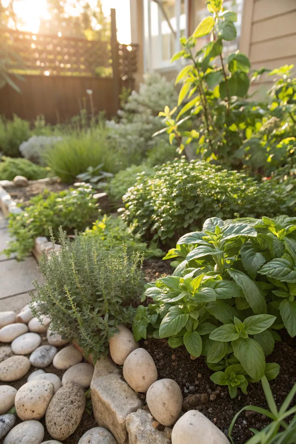 Stones in an herb garden creating warmth and visual appeal.