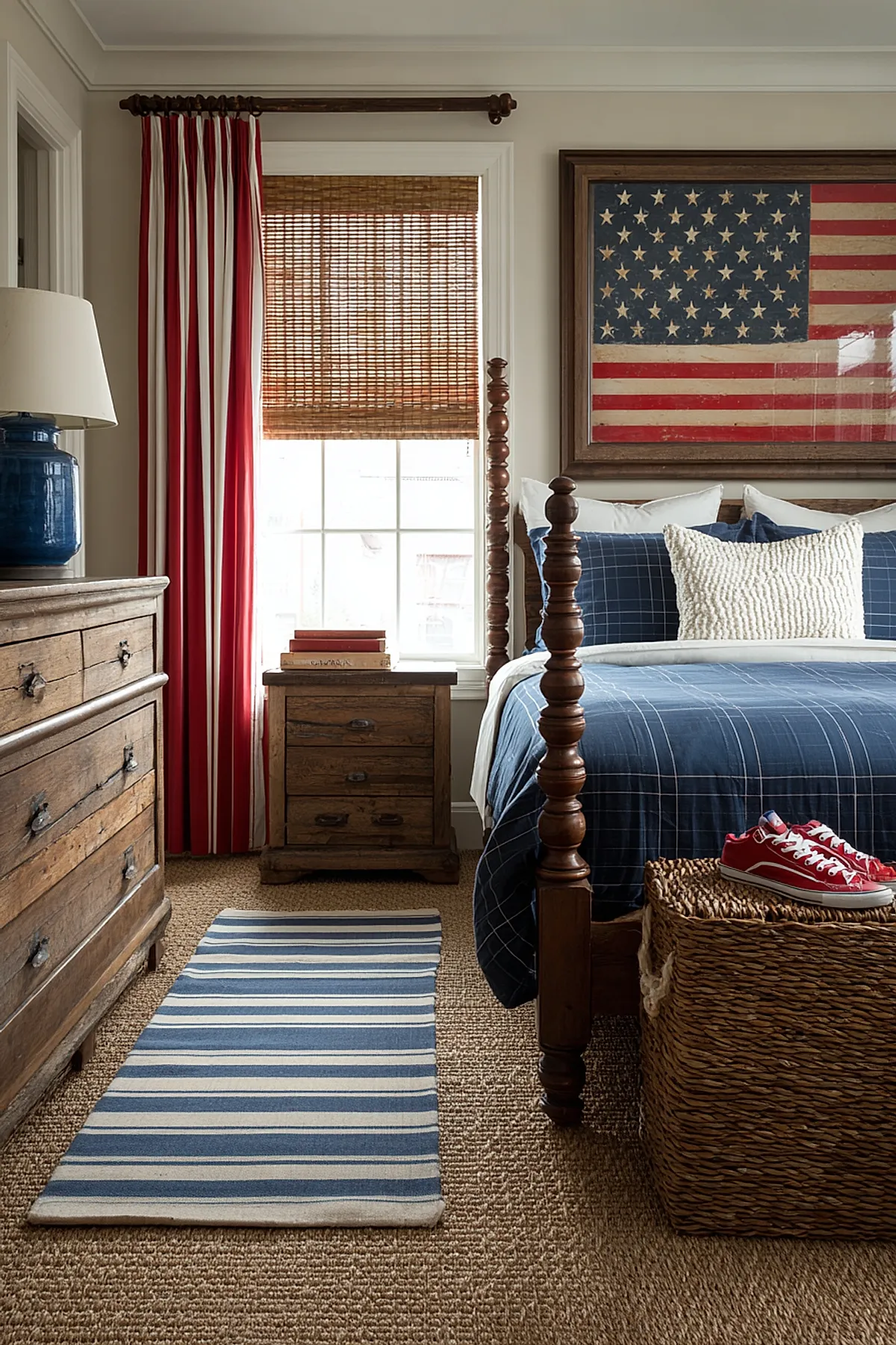 bedroom featuring large framed vintage American flag above wooden four-poster bed with navy plaid bedding, red and white vertical striped curtains, bamboo window shades, rustic wooden dresser and nightstand, woven basket at foot of bed with red sneakers on top