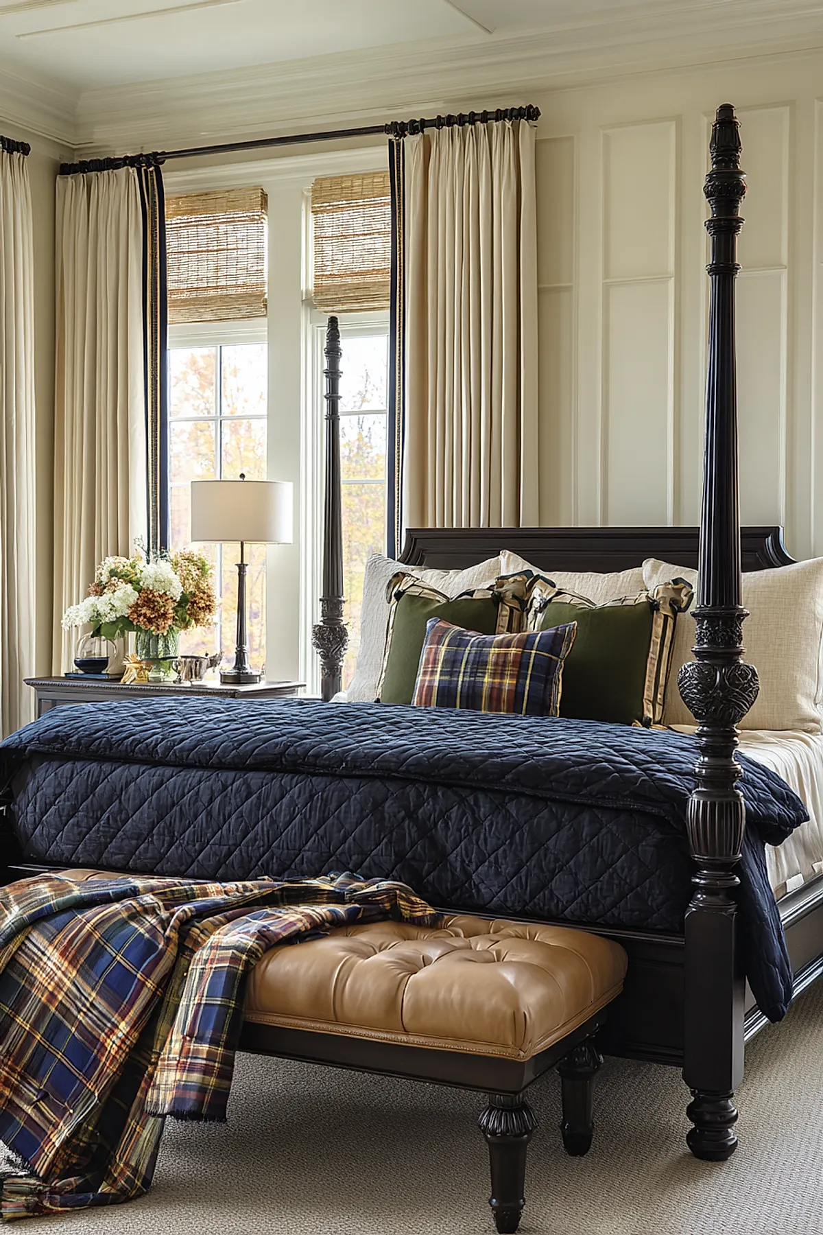bedroom featuring dark wood four-poster bed with navy quilted bedding, olive green and plaid pillows, beige curtains with black trim, caramel leather tufted bench with plaid throw draped over it