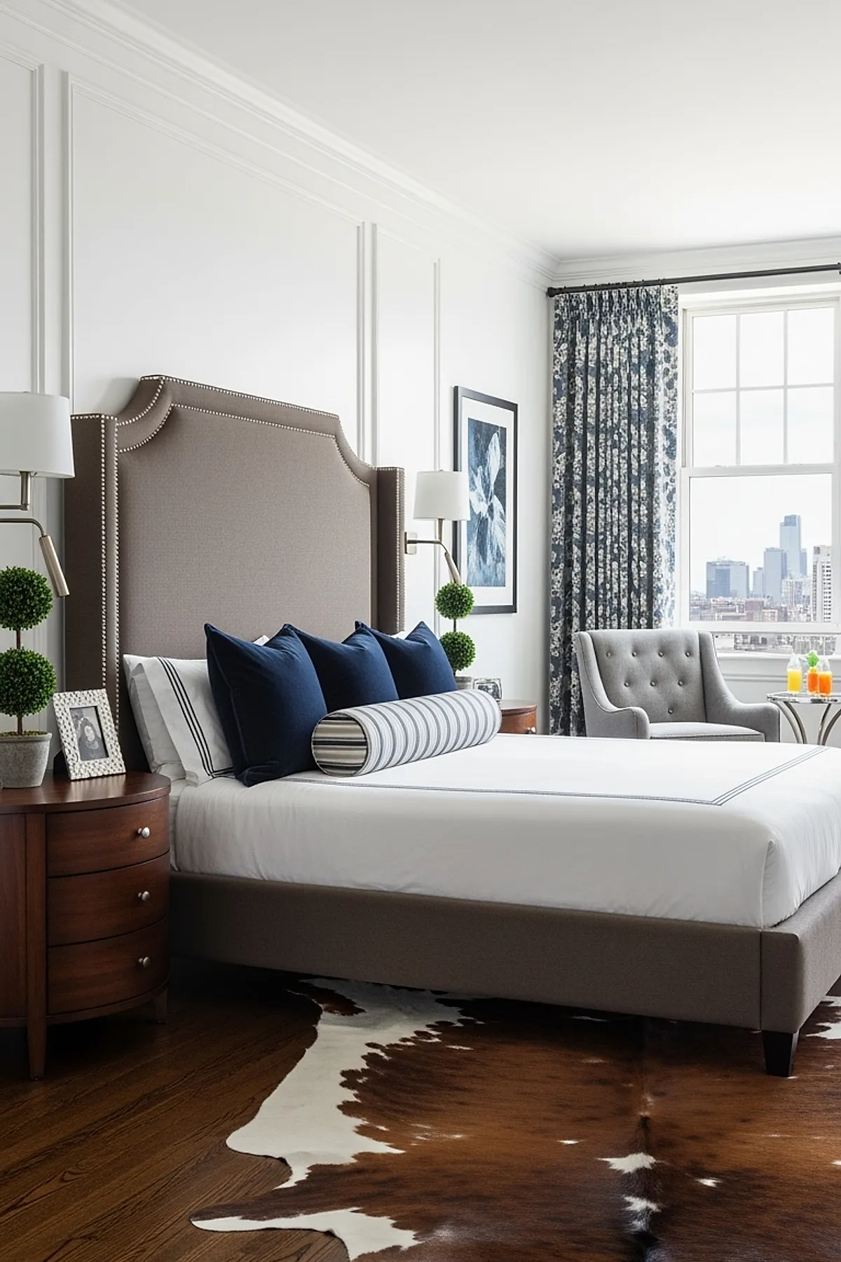 bedroom featuring taupe upholstered bed with nailhead trim, white bedding with navy pillows and striped bolster pillow, brown and white cowhide rug on wooden floor, blue floral patterned curtains framing large window overlooking cityscape