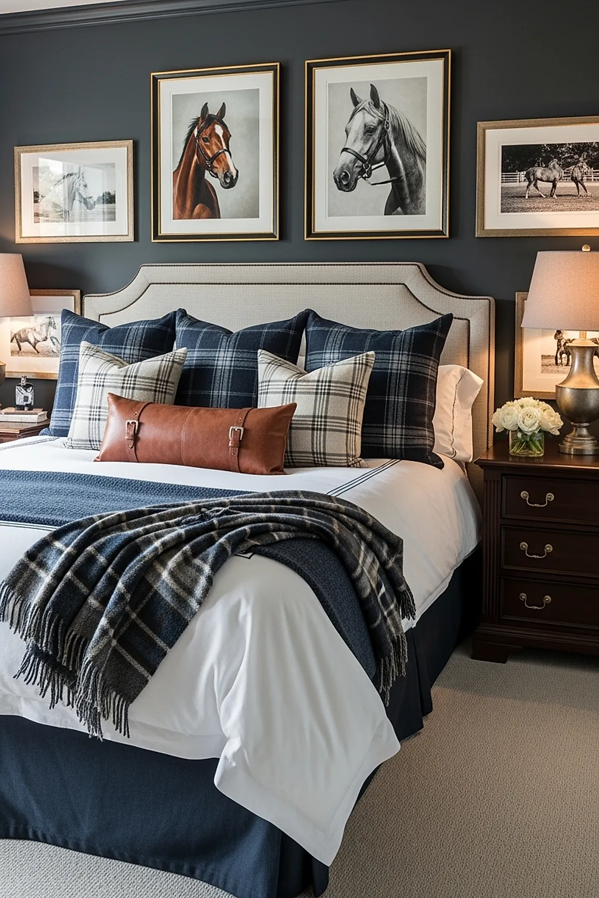 bedroom with dark charcoal walls featuring framed horse portraits above upholstered beige headboard, bed dressed in white bedding with navy and beige plaid pillows, brown leather lumbar pillow, plaid throw blanket draped over foot of bed