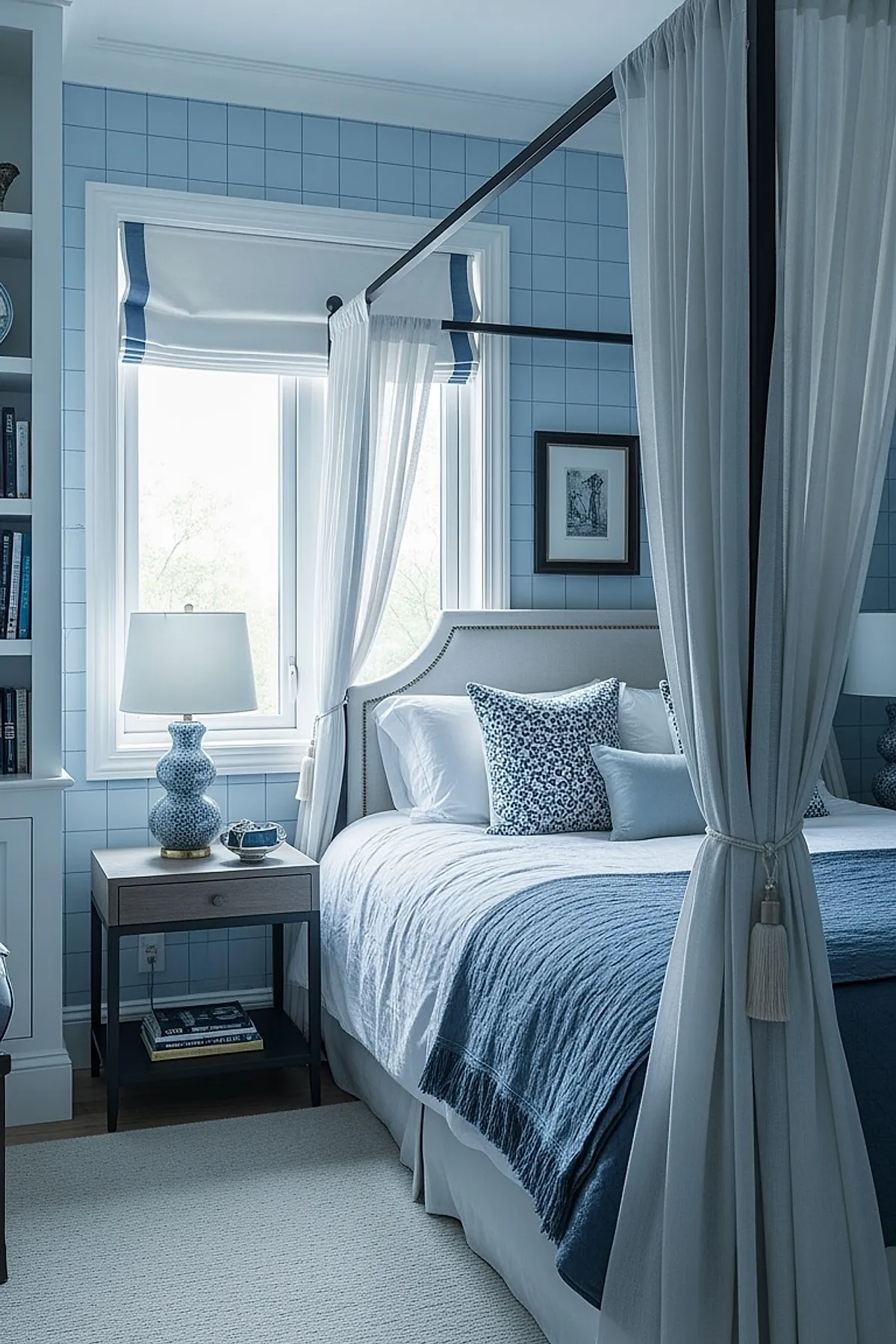 bedroom with light blue patterned wallpaper, black metal four-poster bed with sheer white curtains, white bedding with blue patterned pillows, wooden nightstand holding a ceramic lamp and small decor items