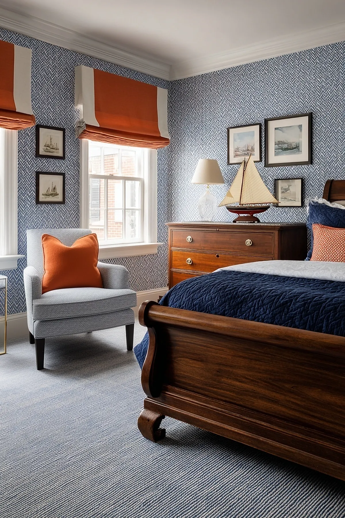 bedroom with dark wood sleigh bed, navy quilted bedding, blue patterned wallpaper, orange and white roman shades on windows, gray upholstered chair with orange pillow, wooden chest of drawers topped with model sailboat and lamp