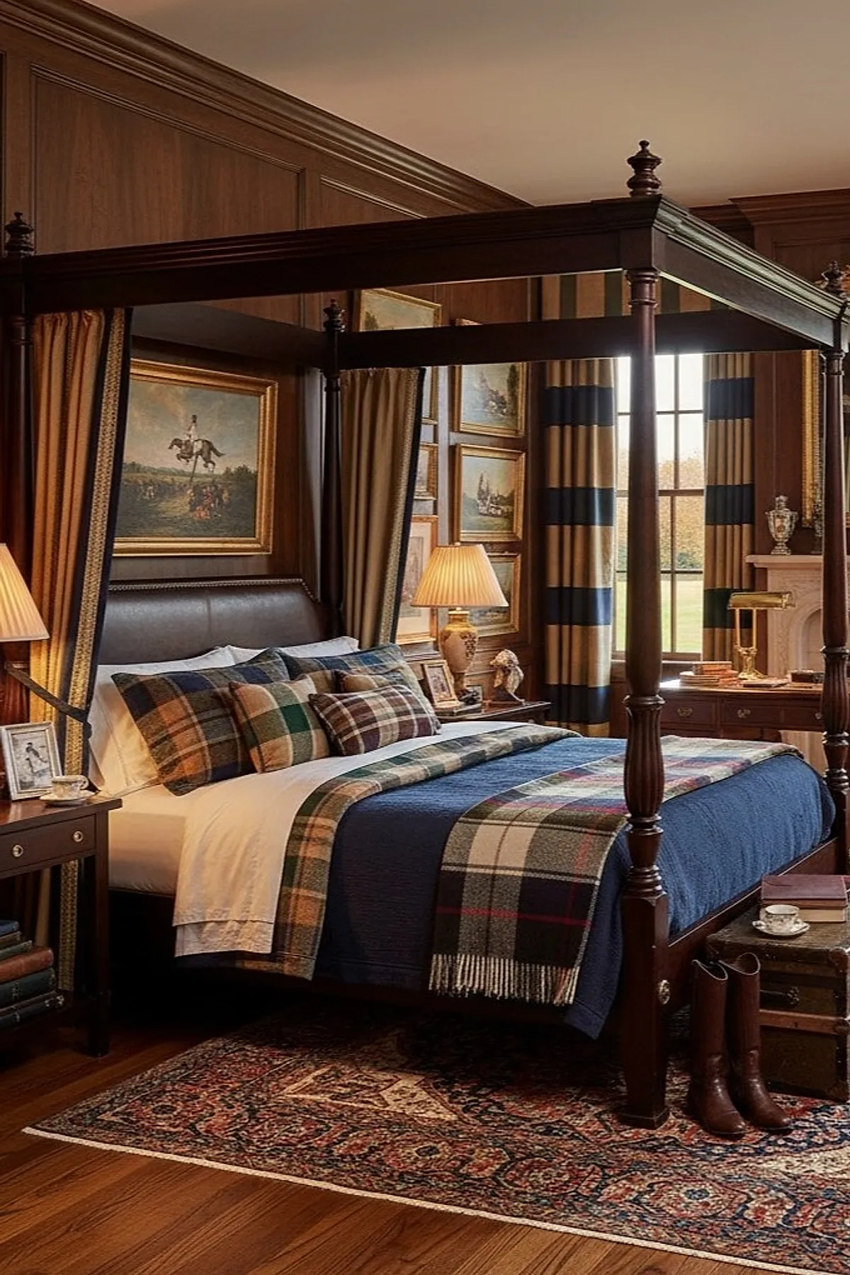 dark wood four-poster bed dressed with plaid pillows and throw blankets in earth tones, striped curtains in gold and navy, wooden paneled walls decorated with framed equestrian paintings, antique-style lamps on nightstands