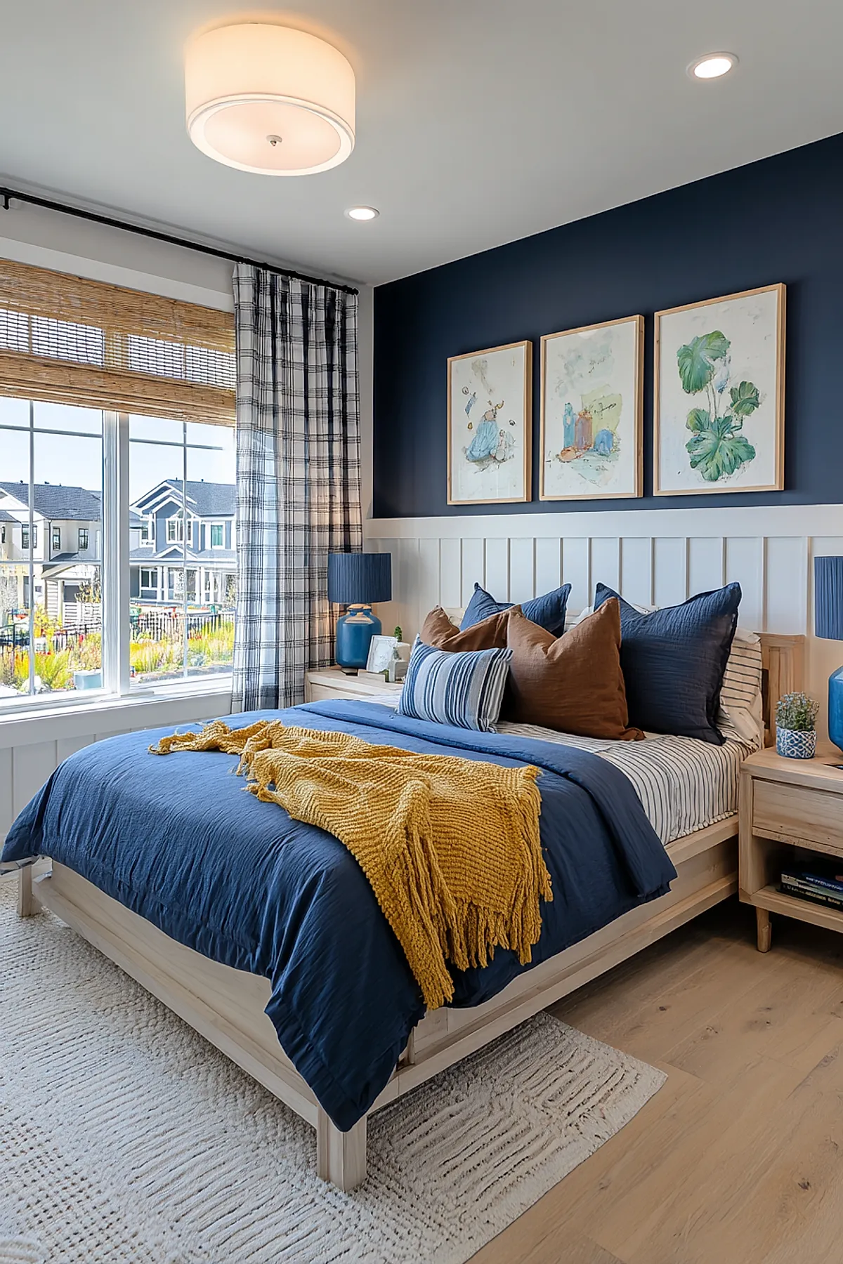 bedroom with navy accent wall featuring three botanical prints, bed dressed in striped sheets and navy bedding, accented by brown and navy pillows and a mustard yellow knit throw, light wood nightstands with blue lamps, plaid curtains over large window