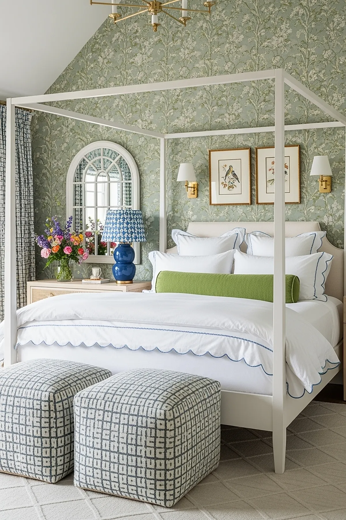 bedroom with green floral wallpaper, white four-poster canopy bed with white bedding, blue patterned ceramic table lamp on wooden dresser, two gray patterned ottomans at foot of bed, framed bird illustrations above headboard