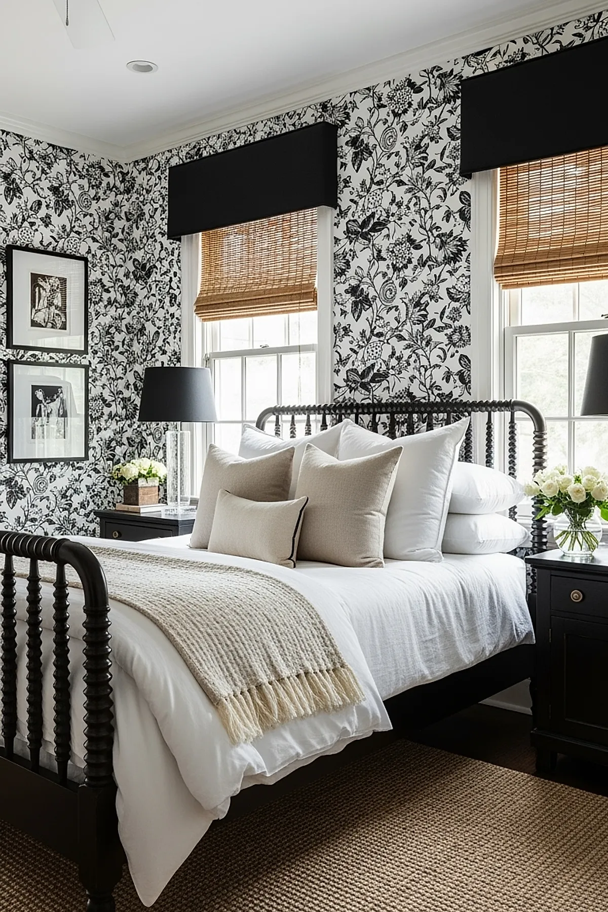 bedroom with black spindle bed, black and white floral wallpaper, two windows with woven rattan shades and black valances, white bedding layered with beige pillows and textured throw, black bedside tables with clear glass lamps and flower arrangements