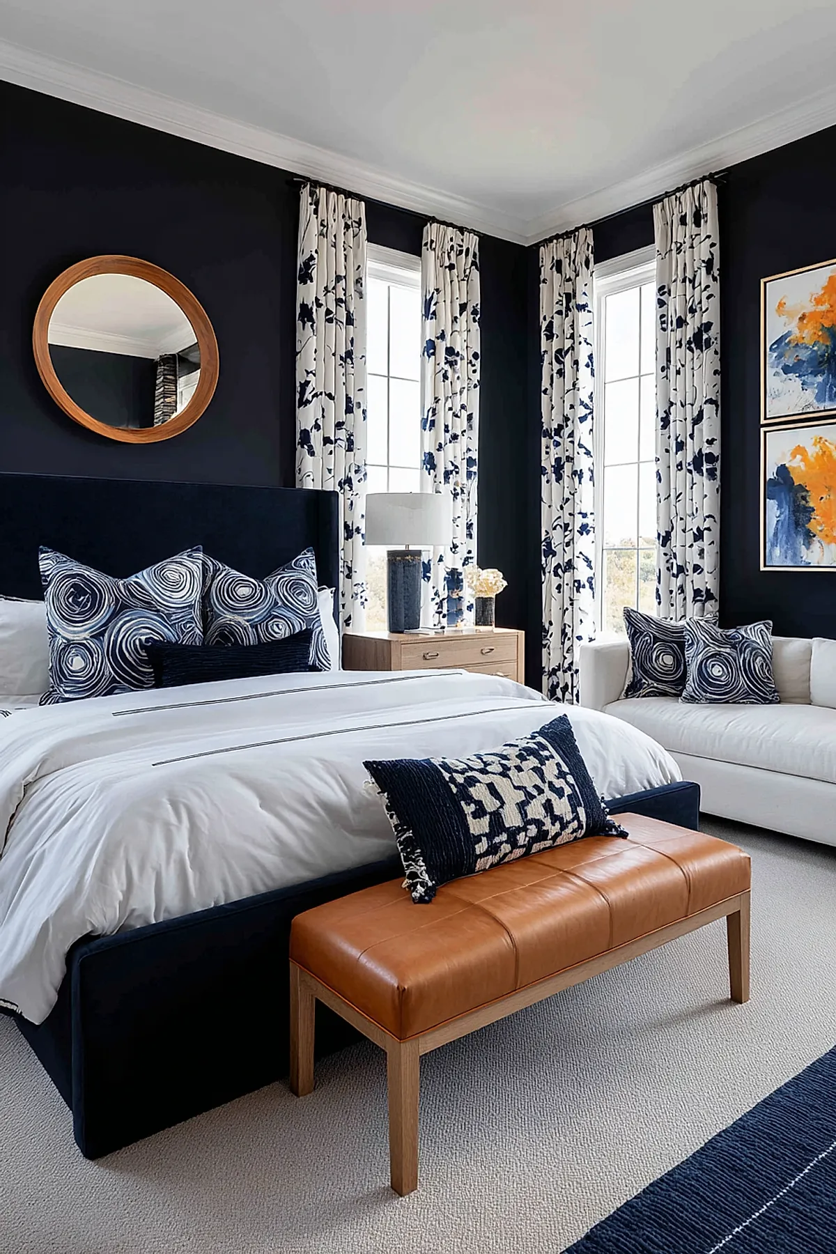 bedroom featuring dark navy walls, white bedding with navy swirl patterned pillows, floral white and blue curtains, tan leather bench at foot of bed, white sofa with matching patterned pillows, two colorful abstract paintings on wall