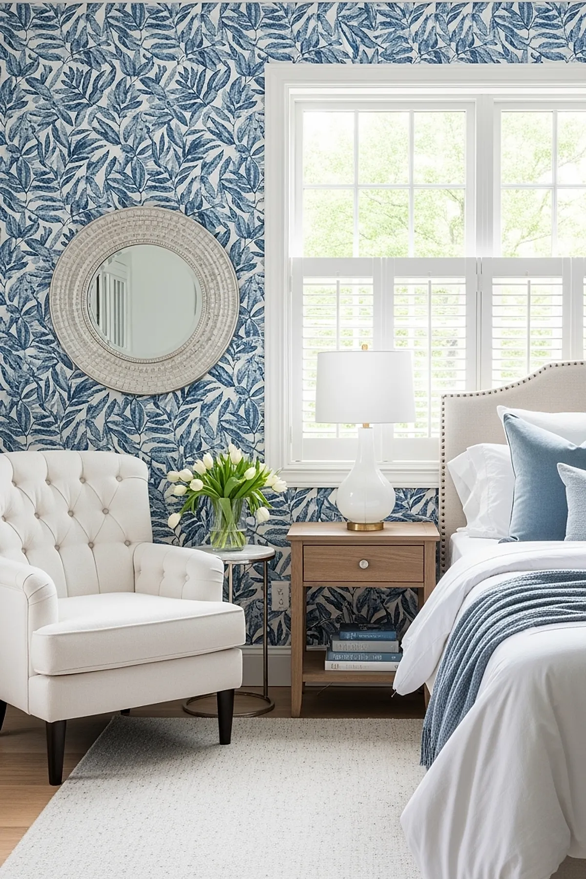 bedroom corner featuring blue leafy patterned wallpaper, tufted white armchair, wooden nightstand with white lamp, window with white shutters, vase of white tulips on small round side table