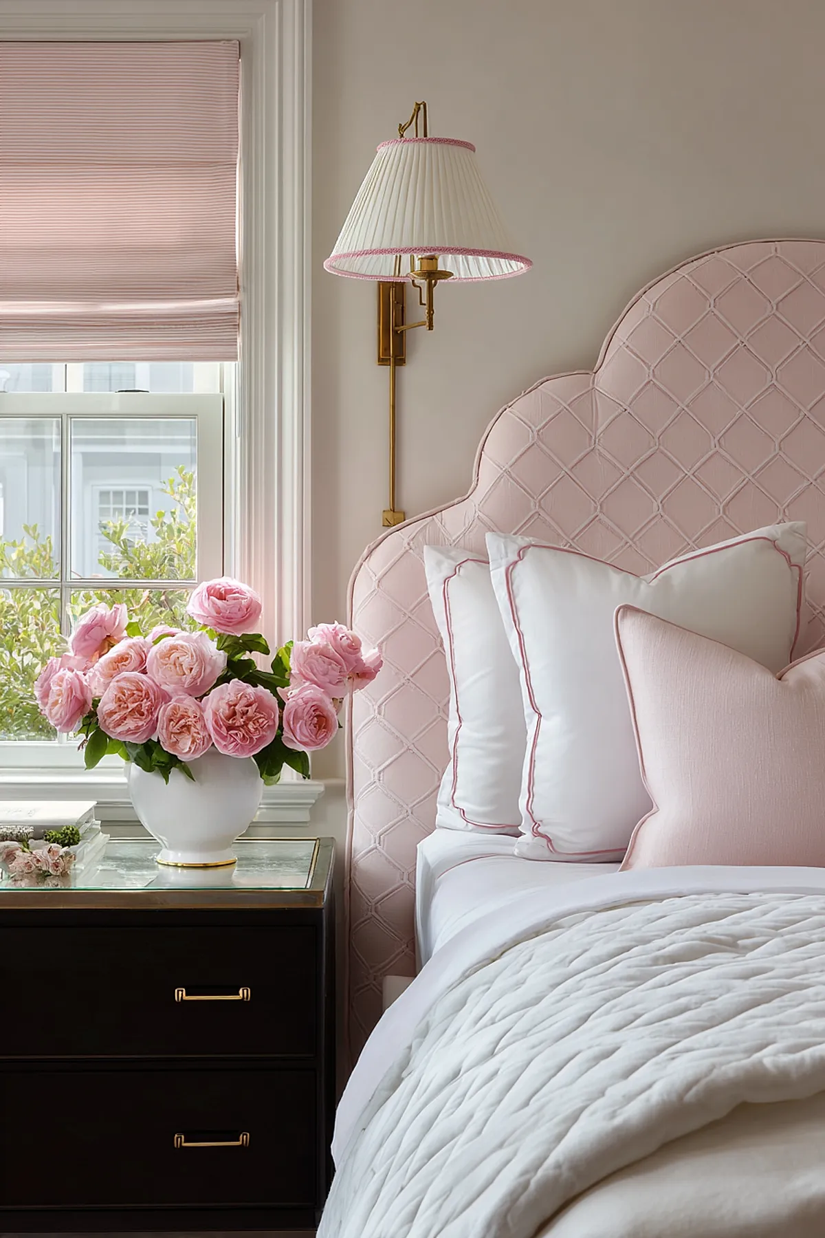 bedroom featuring scalloped pink quilted headboard, white pillows with pink edging, pleated wall sconce with brass fixture, white vase holding blooming pink roses on dark wood bedside table by window with light pink roman shade