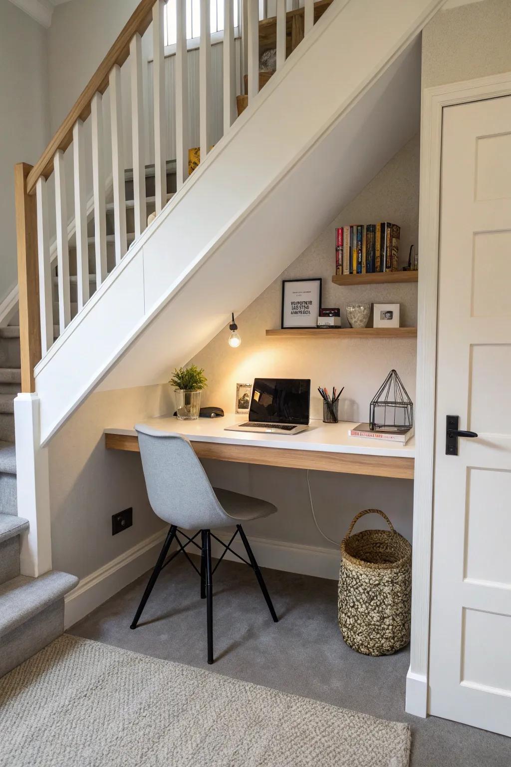 Craft a concealed workspace beneath the stairs.